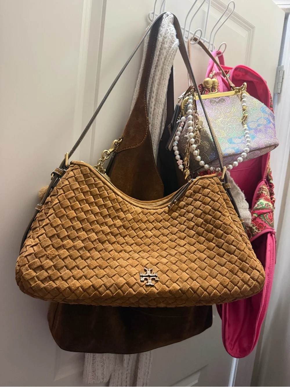 Tory Burch Woven Suede Shoulder Bag in Camel Brown with Gold Logo